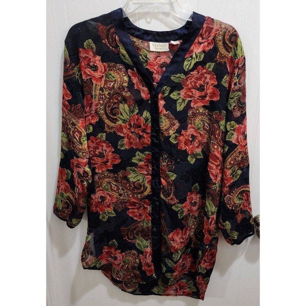 Vintage Victoria's Secret Gold Label Floral Button Up Night Shirt Semi Sheer P/S